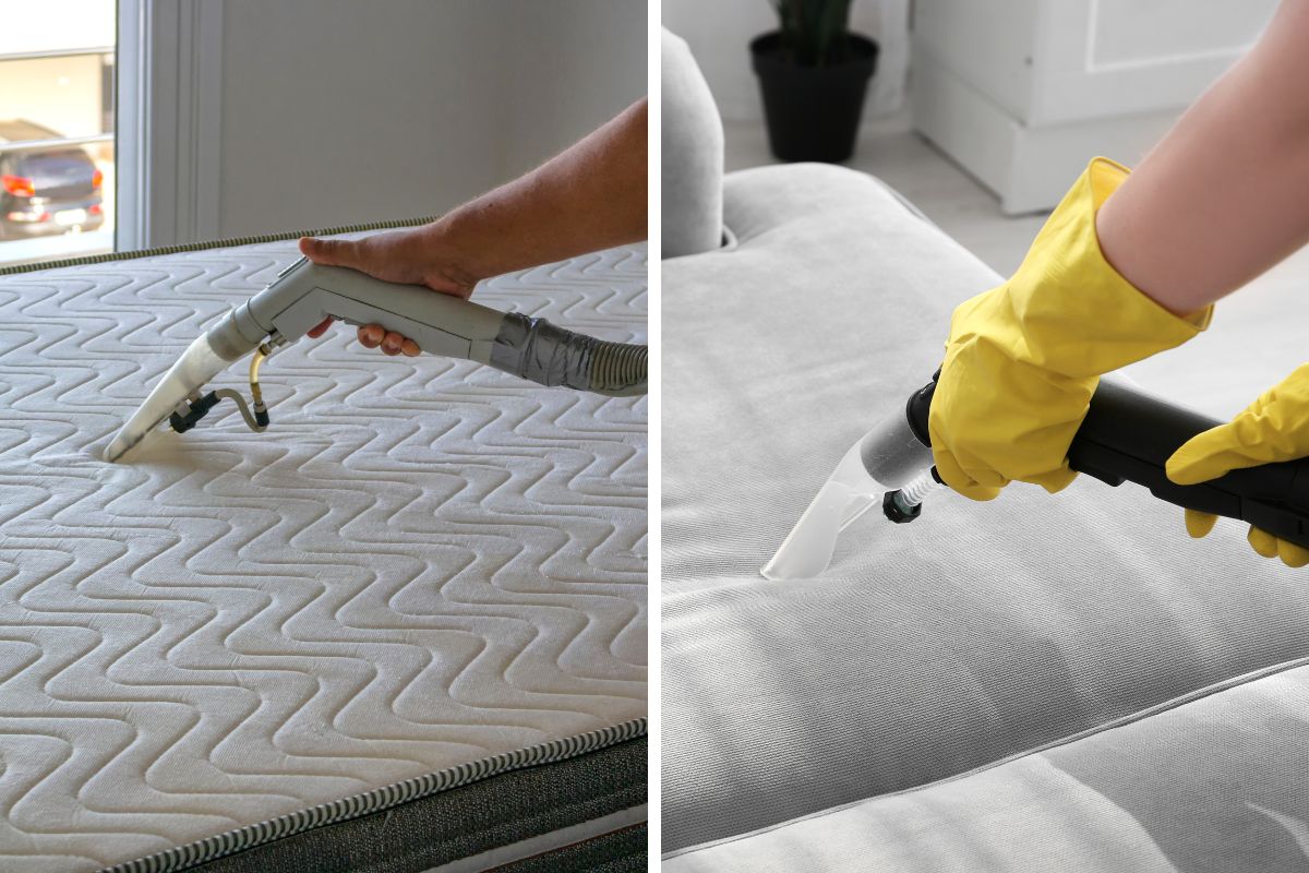 Deux images montrant le nettoyage de matelas avec un aspirateur, illustrant l'importance de l'aspiration régulière pour maintenir la propreté des meubles.