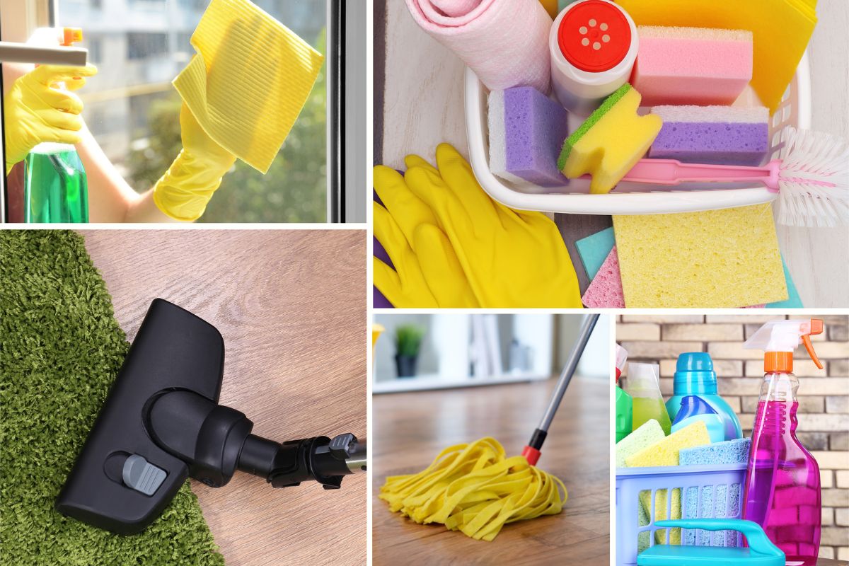 Collage de différents outils de nettoyage, incluant serpillières, gants, éponges, et un aspirateur, essentiels pour un entretien efficace.